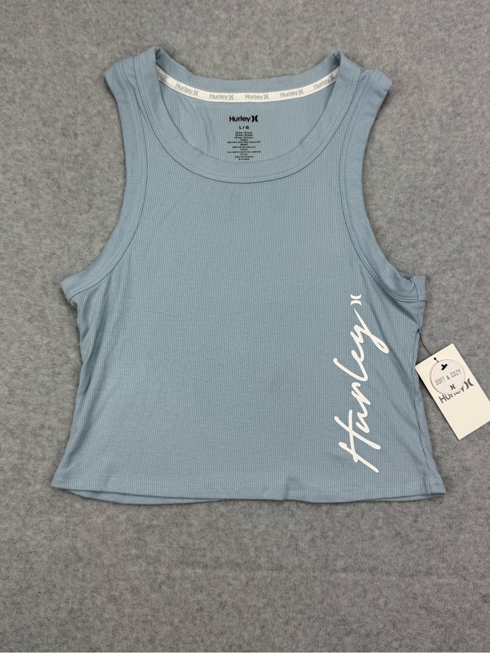 Hurley Women’s Soft & Cozy Ribbed Crop Tank Large Blue NWT Logo Top